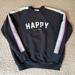 Spiritual Gangster Happy Black Crewneck Sweatshirt w/ Pastel Stripes Size Small